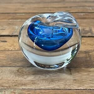 Studio Art Glass Apple Paperweight 2.5 in Clear and Blue Hand-blown Modern